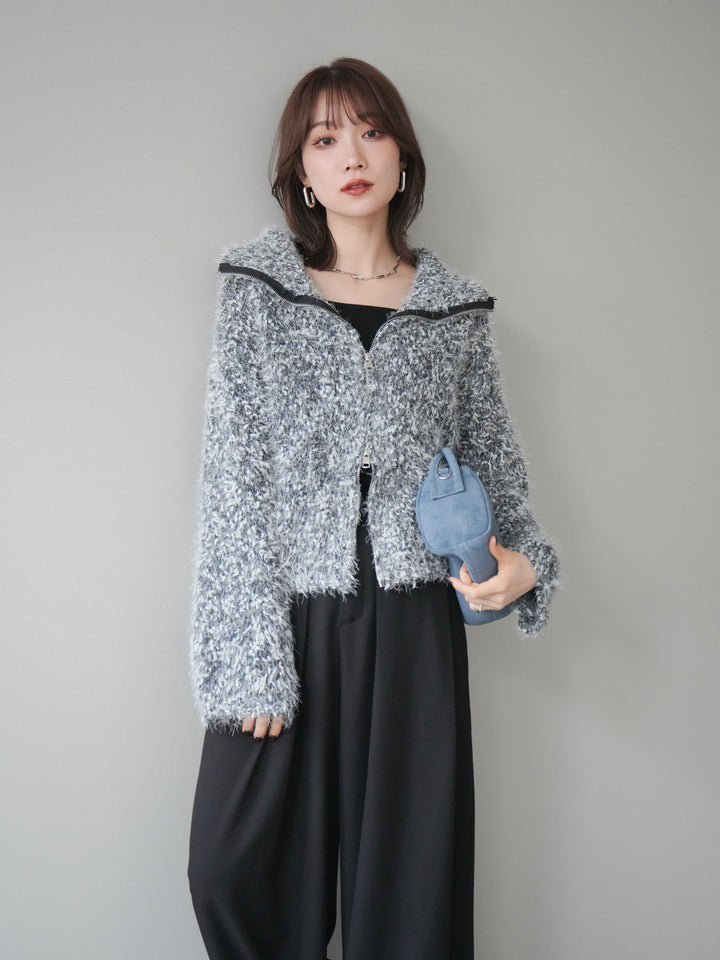 [予約]ミックスシャギージップニットカーディガン/black