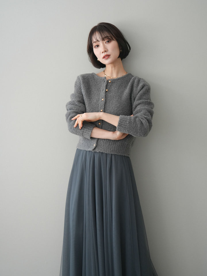 [SET]ゴールドボタンブークレニットカーディガン+チュールボリュームスカート(2set)