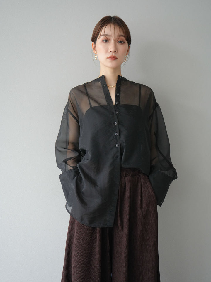 [SET] 亮面透視立領襯衫 + 柳葉寬褲 (2set)