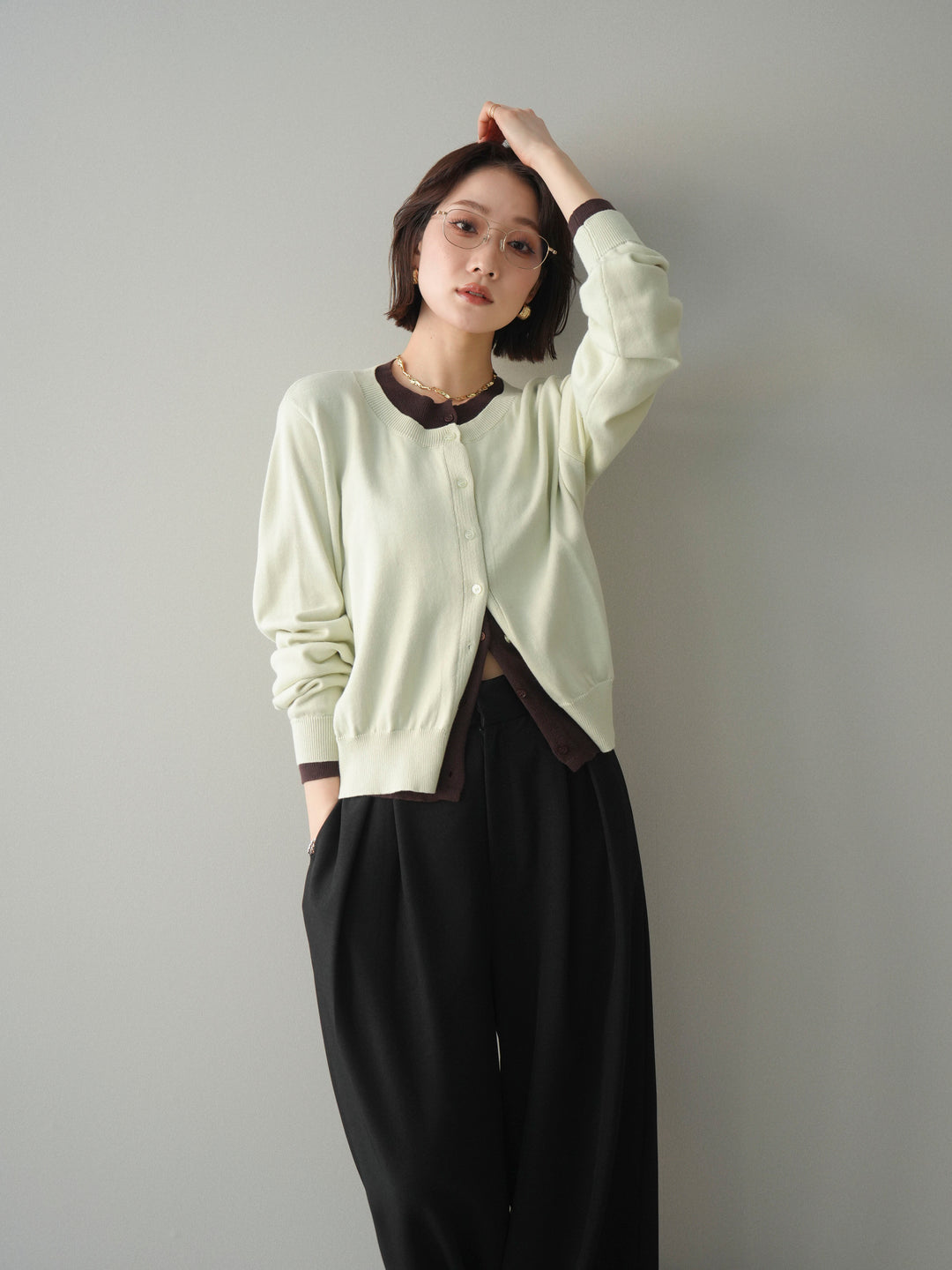 [予約]配色レイヤードコットンアクリルニットカーディガン/mint