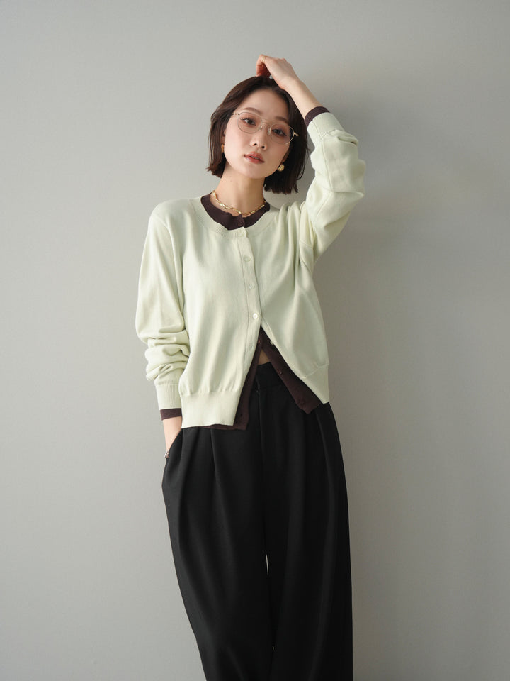 [予約]配色レイヤードコットンアクリルニットカーディガン/mint