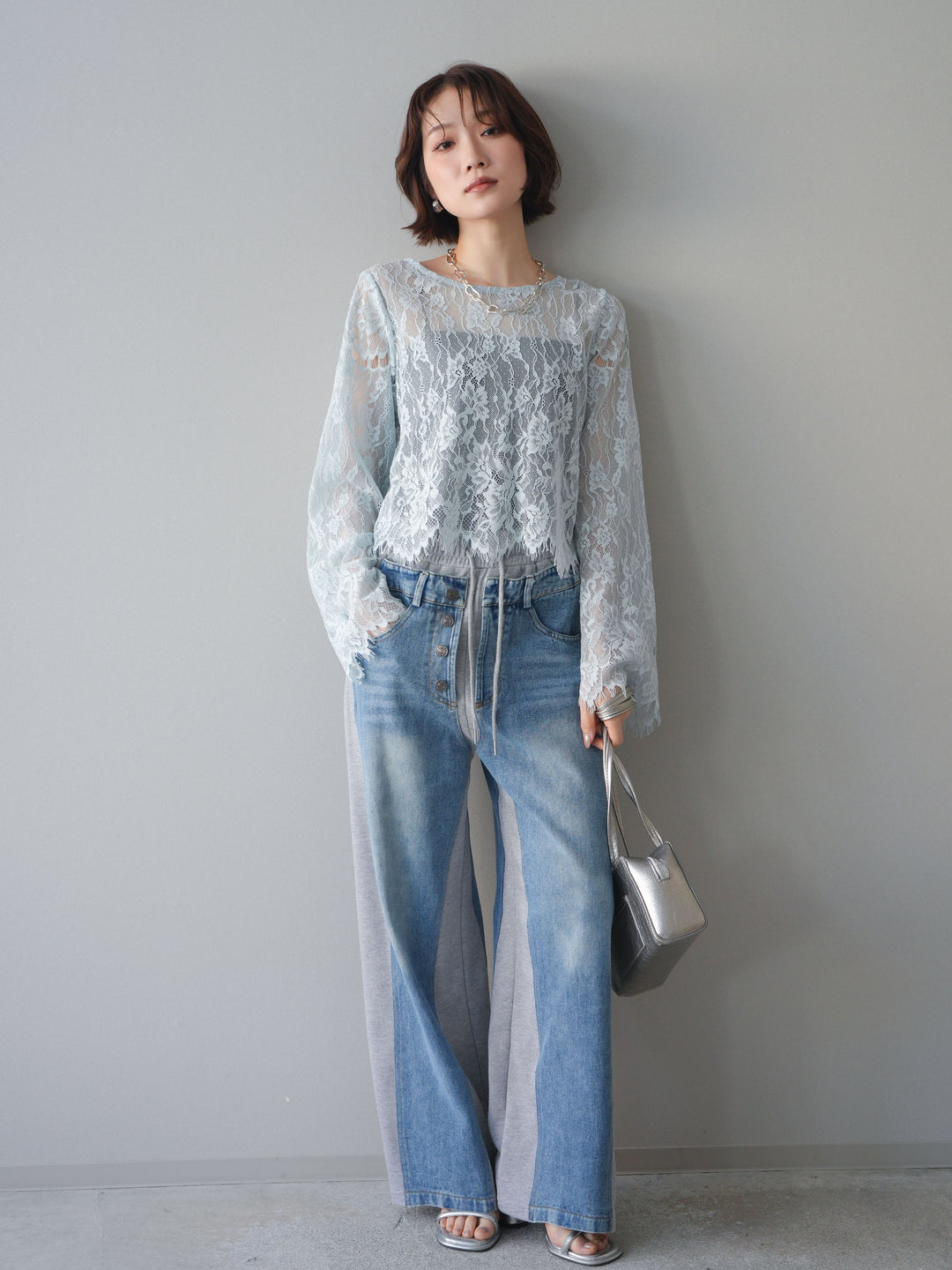 [SET]2WAYスリーブレーストップス+デニム切替スウェットパンツ(2set)