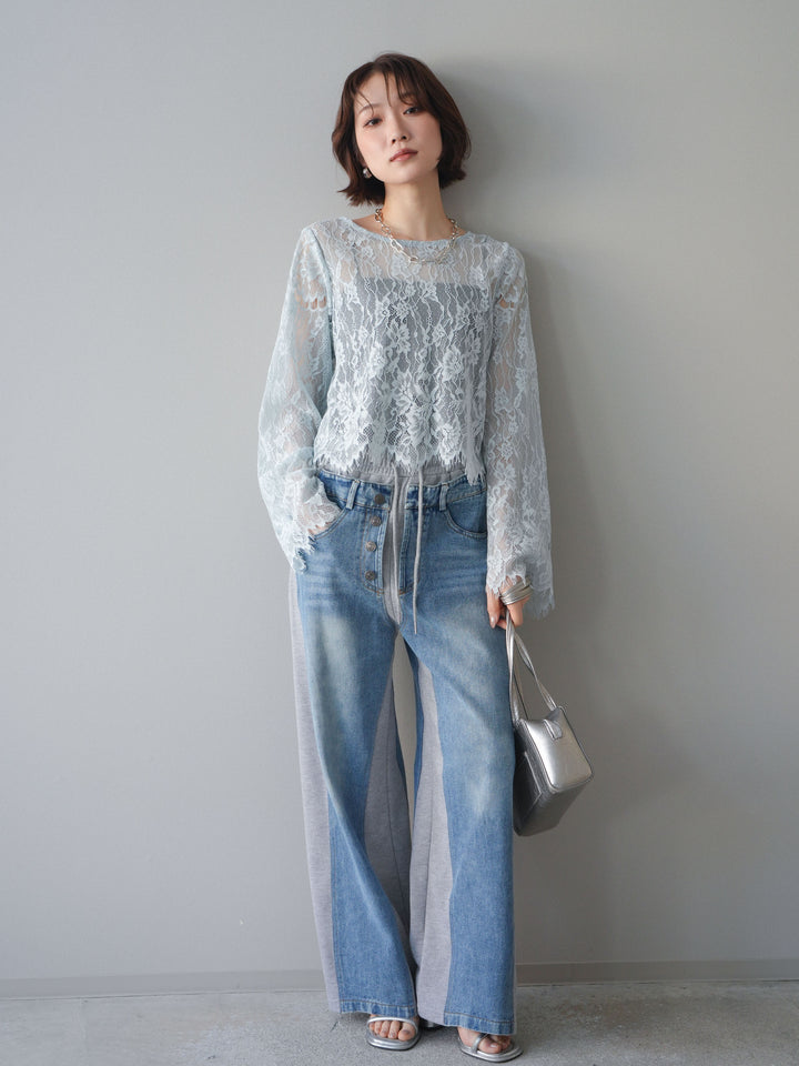 [SET]2WAYスリーブレーストップス+デニム切替スウェットパンツ(2set)