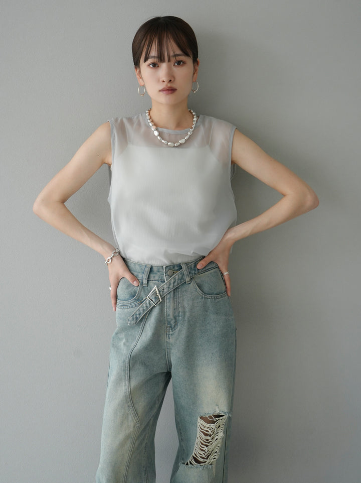 [SET] Organdy sleeveless top + belt asymmetrical damaged denim (2set)