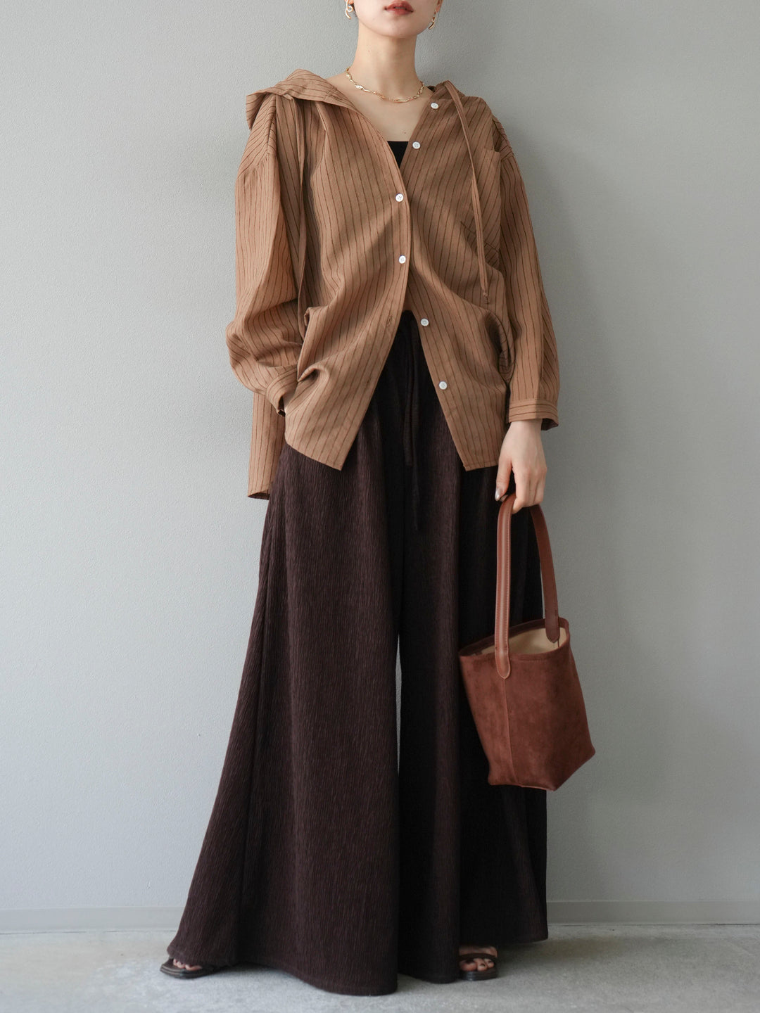 [予約]ワッシャーストライプフーディーシャツ/ブラウン