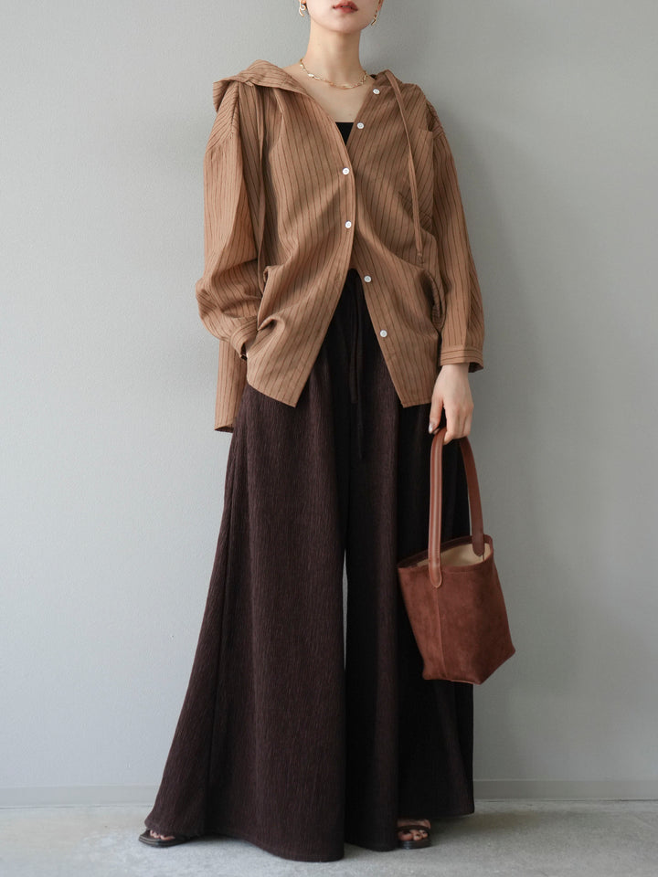 [予約]ワッシャーストライプフーディーシャツ/ブラウン