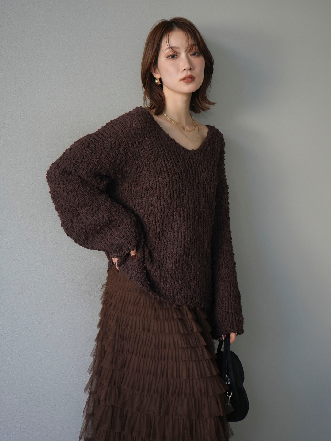 [予約]メランジポコポコニットプルオーバー/brown