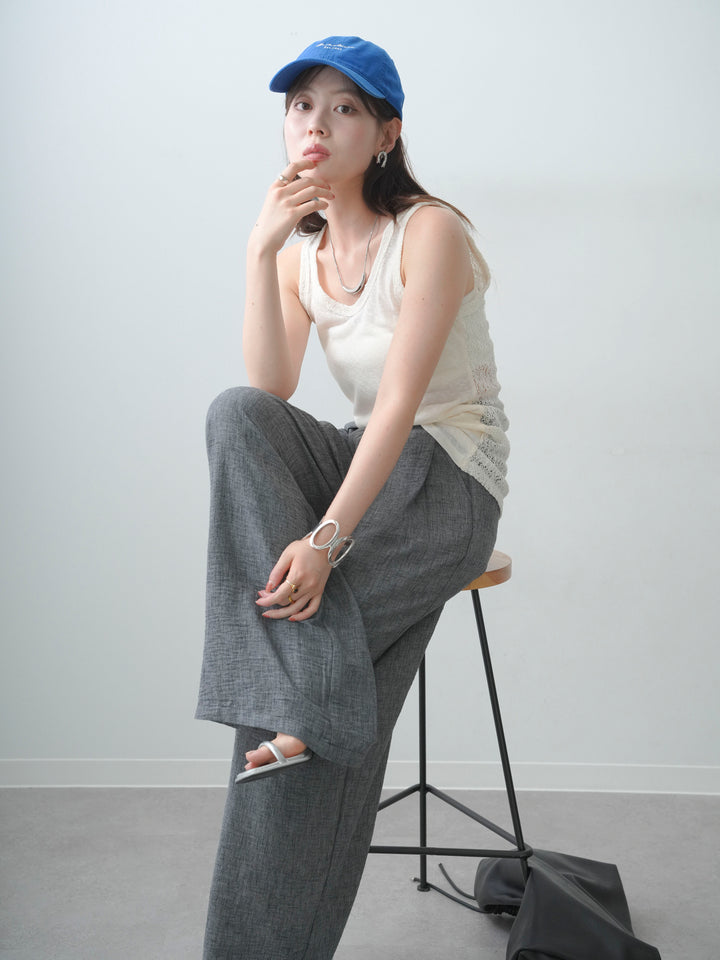 [SET]バックレースタンクトップ+リネンライクベルトループワイドパンツ(2set)