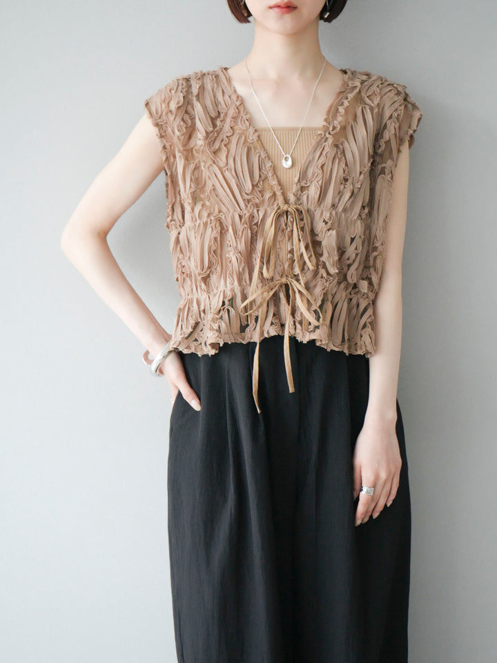 [SET] 提花蕾絲蝴蝶結上衣+麻質下擺迴力寬褲（2件套）