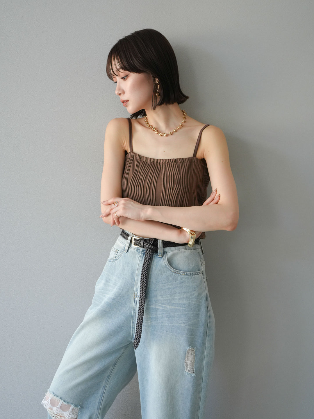 [SET]ウェーブパイピングカップ付ベアキャミソール+ウェーブパイピングカップ付ベアキャミソール(2set)