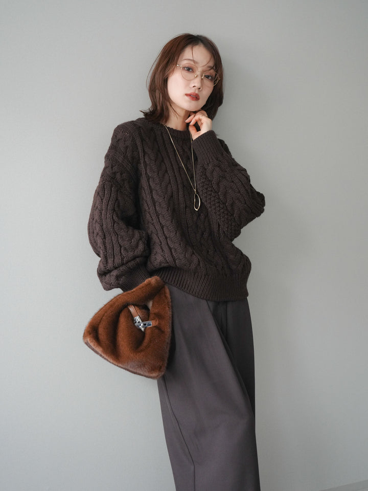[予約]ボリュームケーブルニットプルオーバー/brown