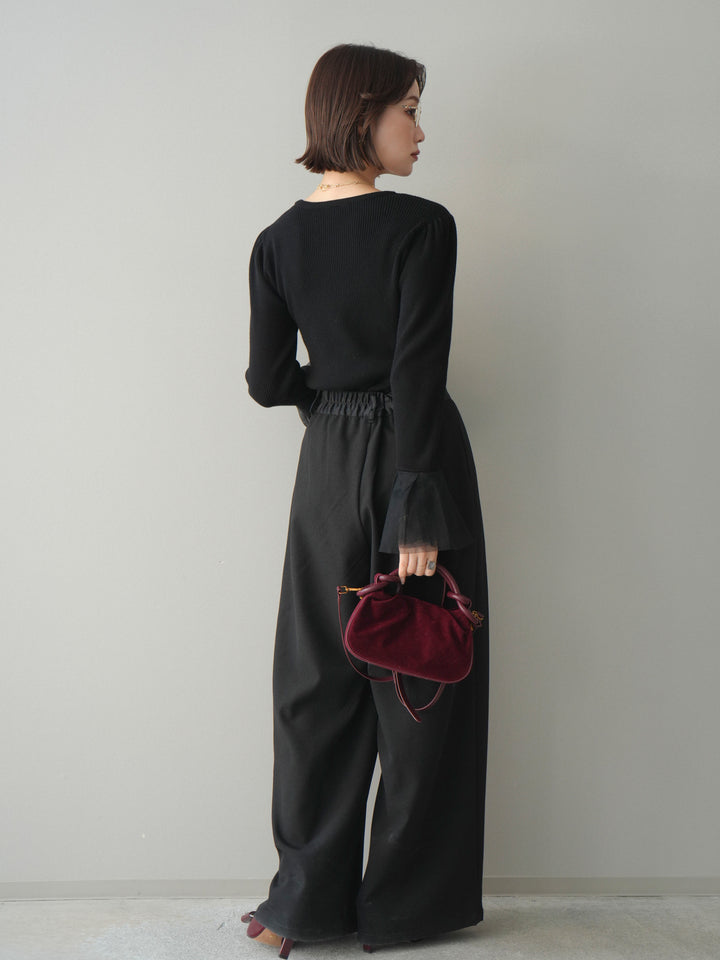 [予約]サテンベルトタックワイドパンツ/black