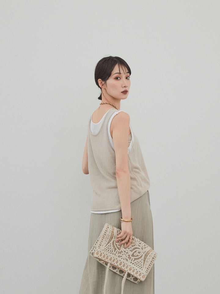 【預購】雙色疊層針織背心/米色