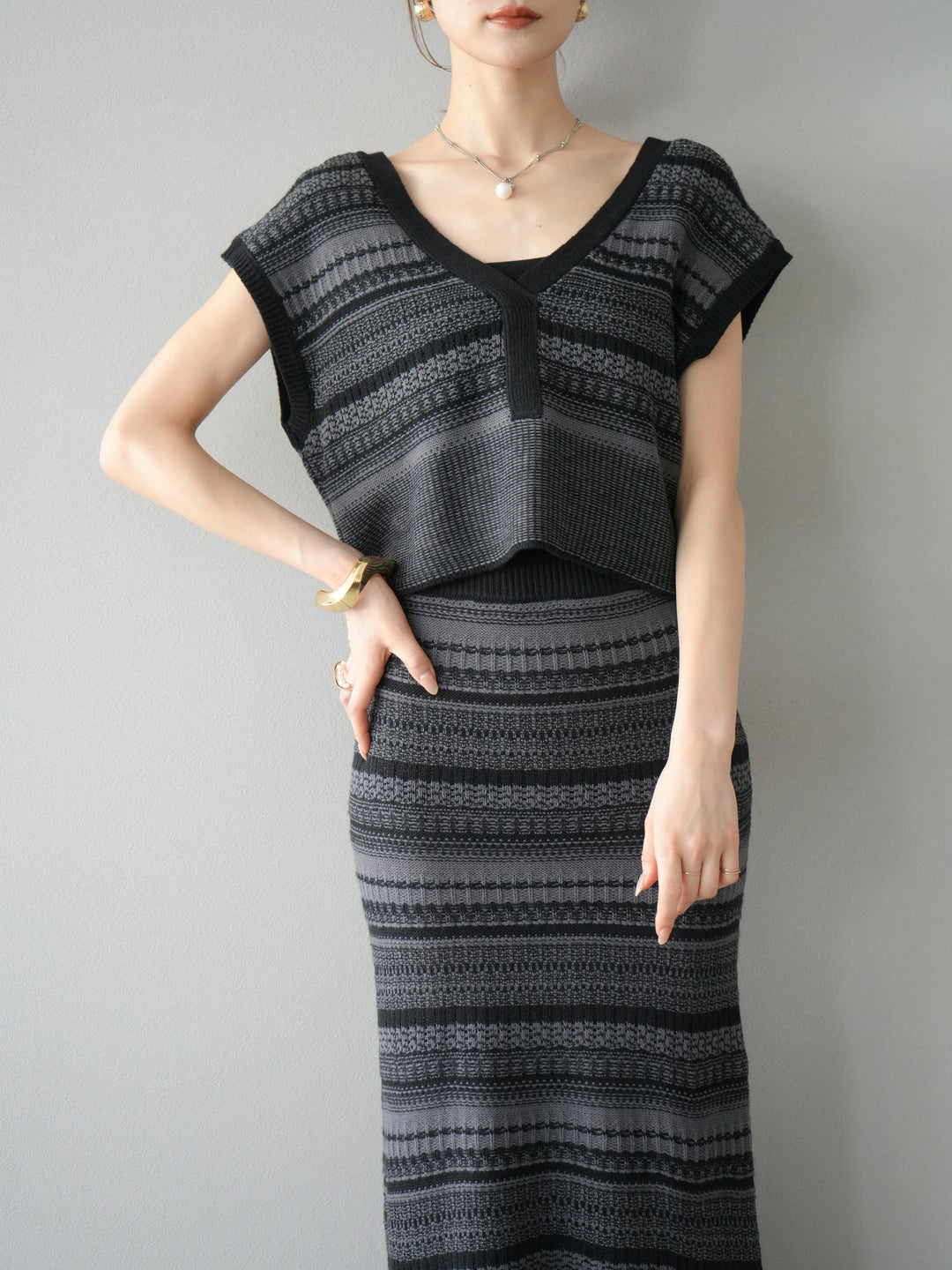 [予約]ガーター編み2WAYニットベスト/グレー×ブラック