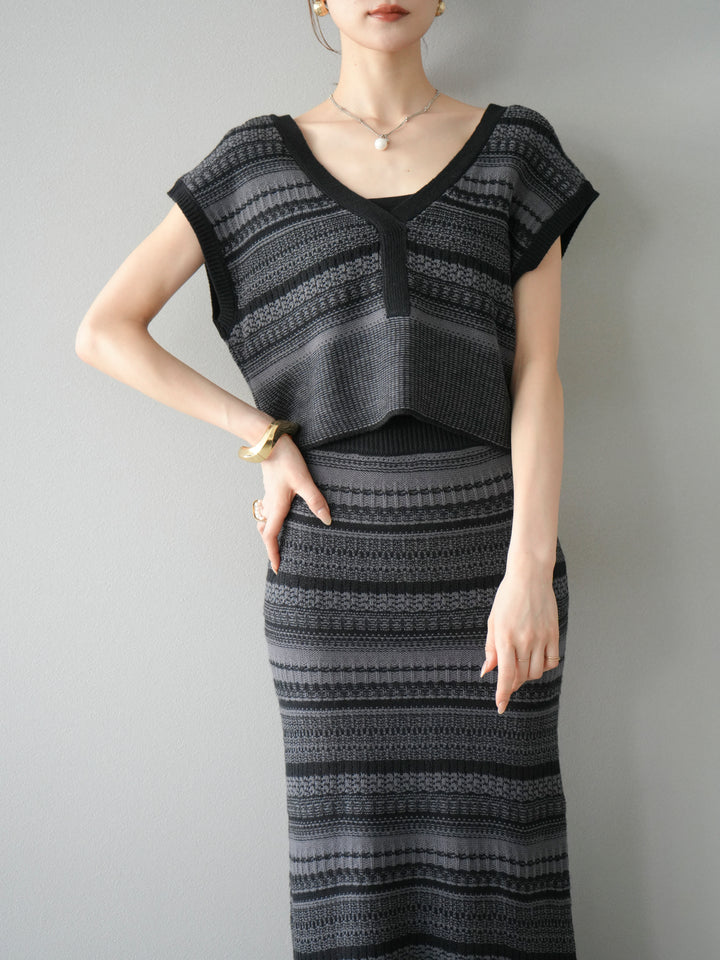 [予約]ガーター編み2WAYニットベスト/グレー×ブラック