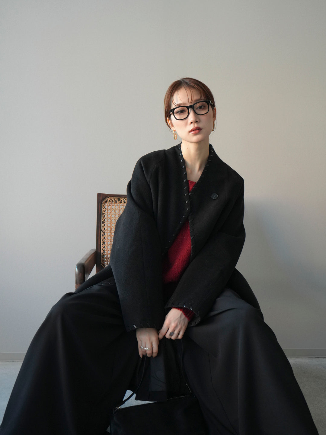 [予約]ハンドステッチ裏中綿ロングコート/black