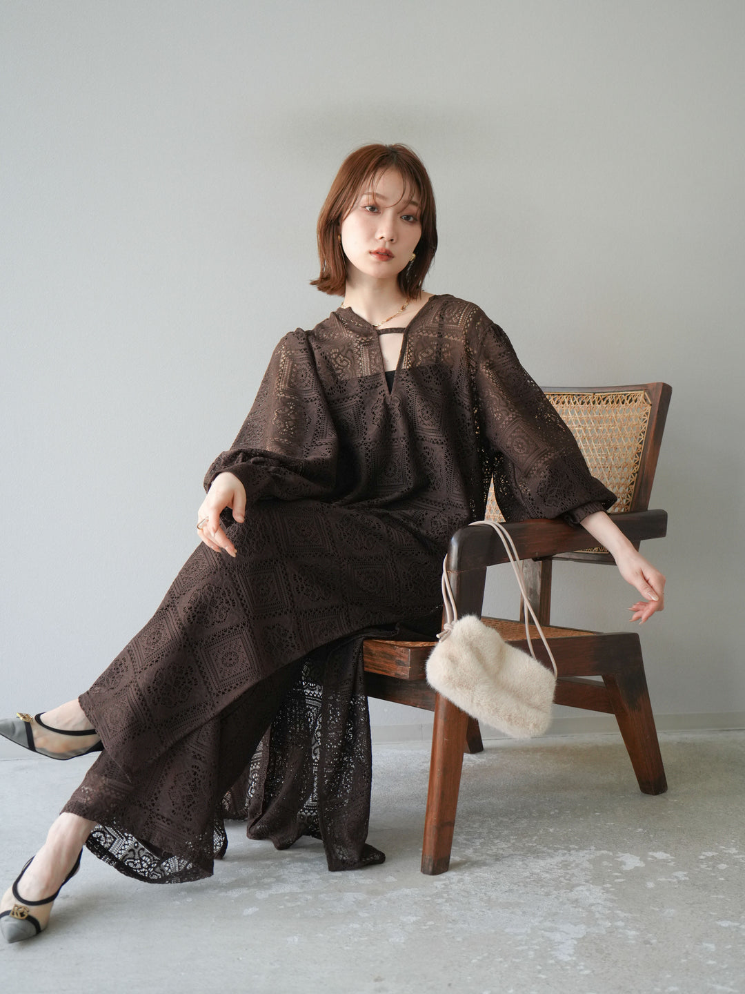 [予約]ブロックレースボリュームスリーブワンピース/ブラウン