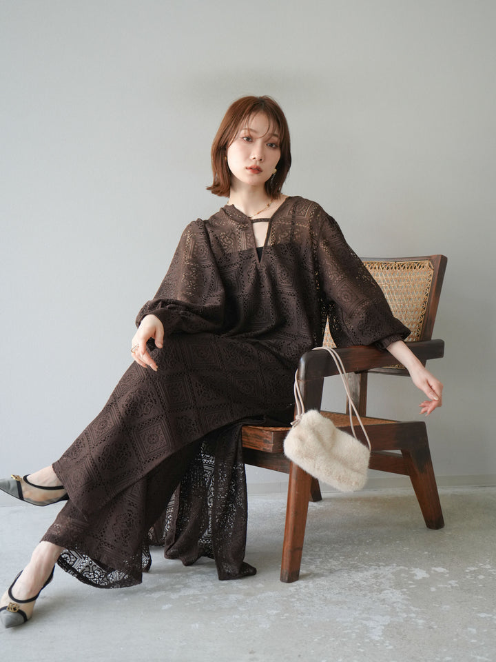 [予約]ブロックレースボリュームスリーブワンピース/ブラウン