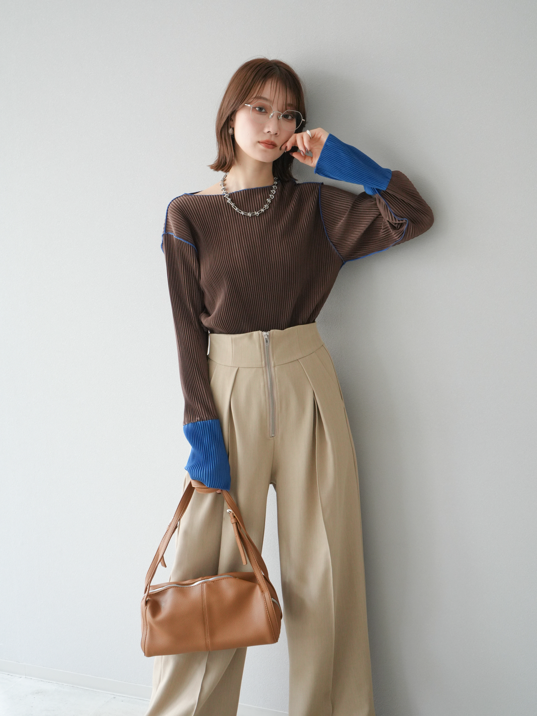 [予約]バイカラープリーツトップス/ブラウン