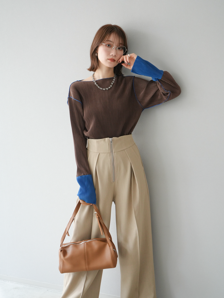 [予約]バイカラープリーツトップス/ブラウン
