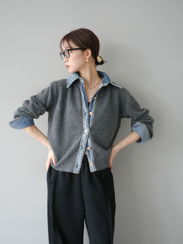 [SET]デニム襟ボタンニットカーディガン+2WAYデザインスウェットパンツ(2set)