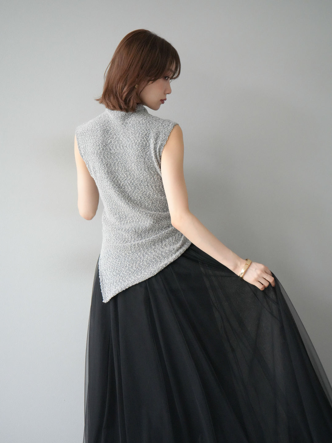 [予約]ブークレアシメニットノースリーブトップス/グレー
