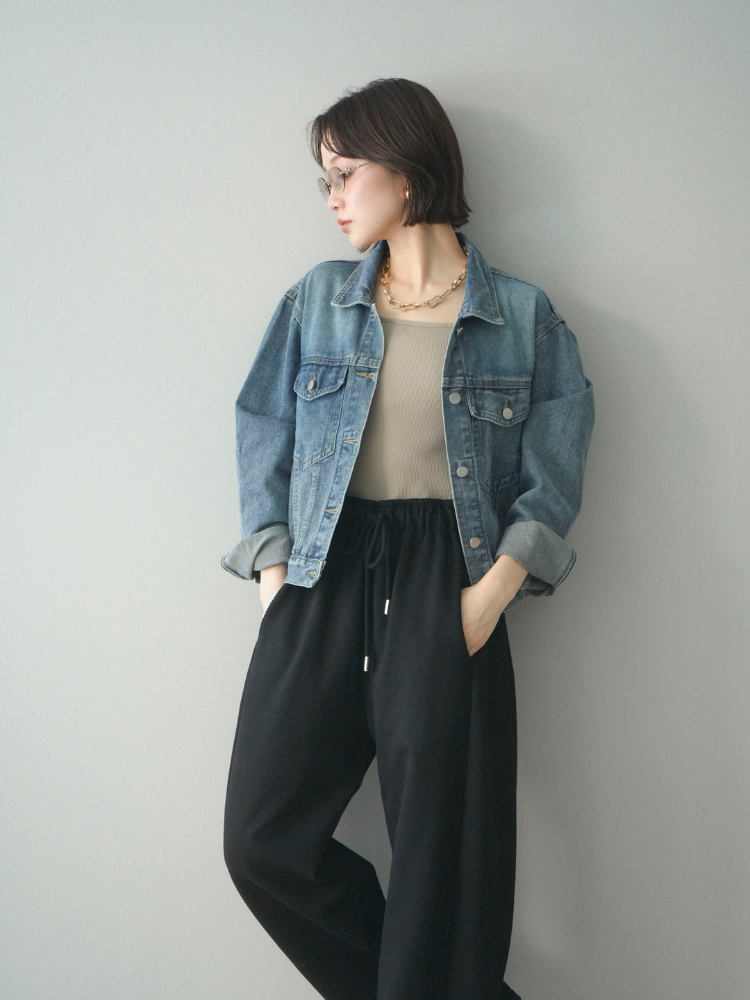 [予約]配色ステッチデニムジャケット/lightblue