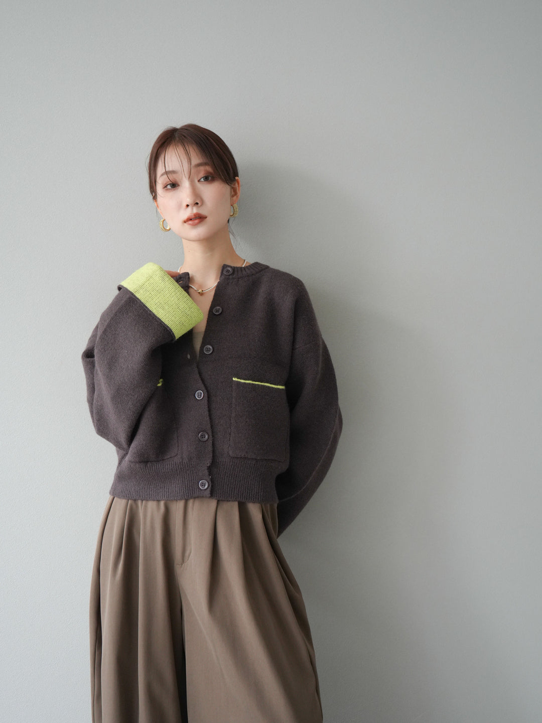 【SET】雙色針織開襟衫+褶襉設計寬褲（2套）