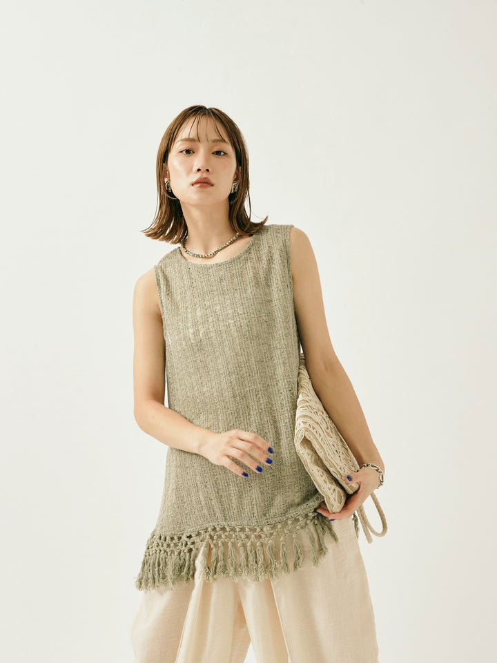 [予約]フリンジ透かし編みニットベスト/カーキ