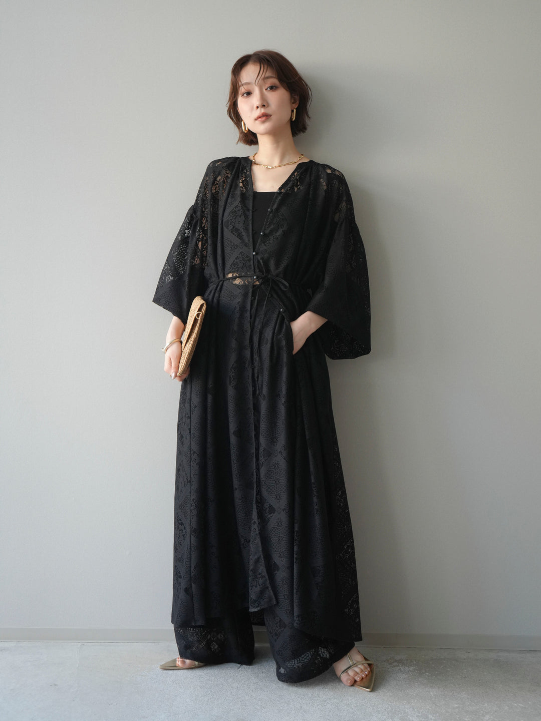 [SET]シアーレースロングガウン+シアーレースイージーパンツ(2set)