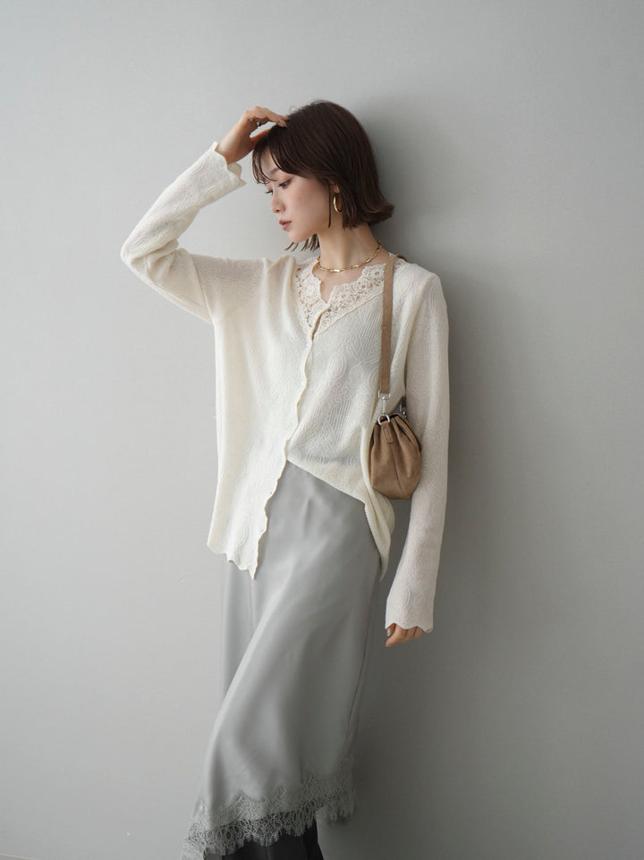 [SET]レースネックジャガードニットカーディガン+センターシームフレアパンツ(2set)