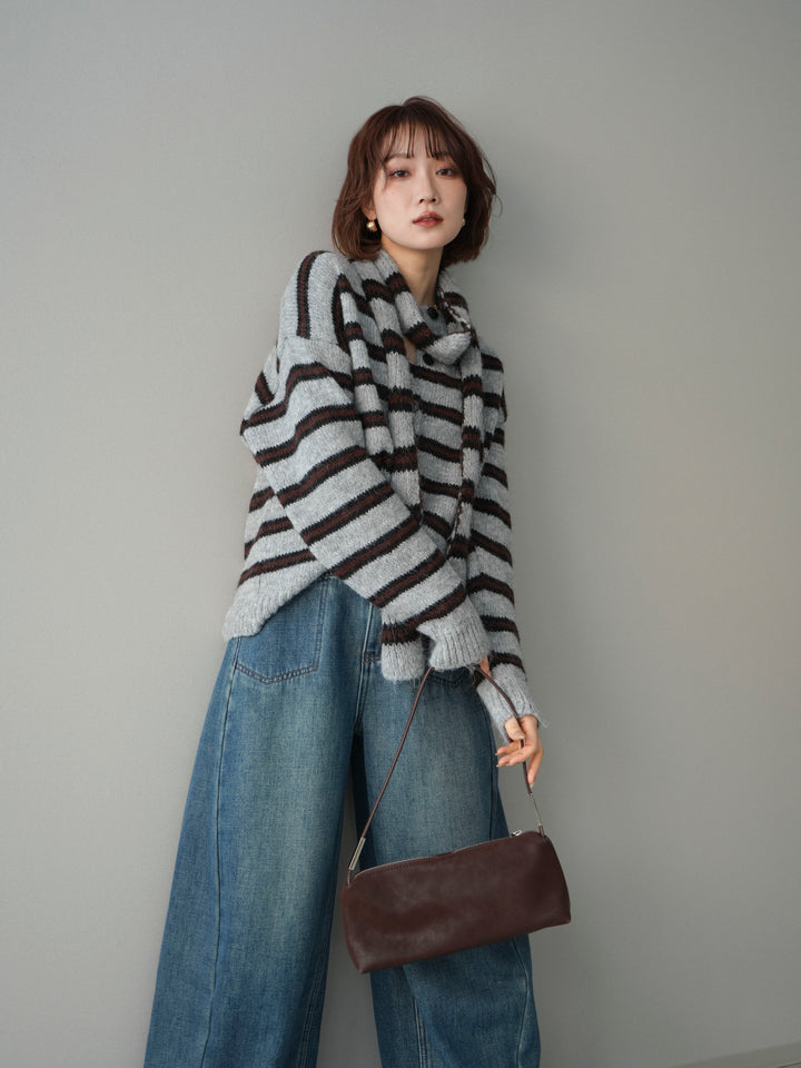 [予約]ボウタイ付きボーダーニットプルオーバー/gray