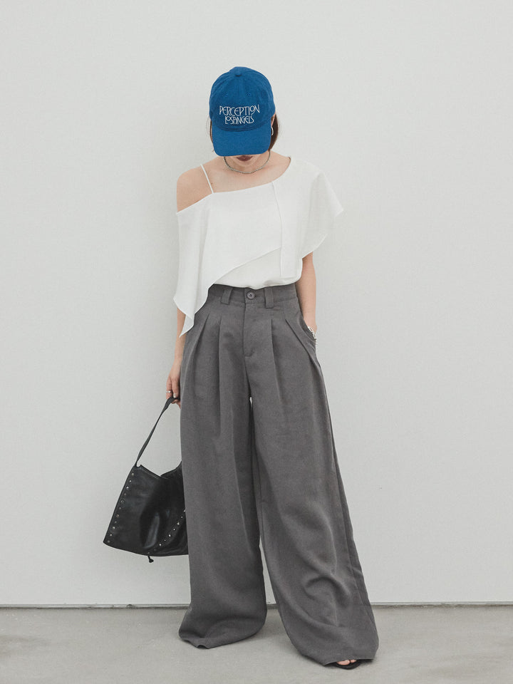【預購】亞麻觸感褶皺寬褲/炭灰色