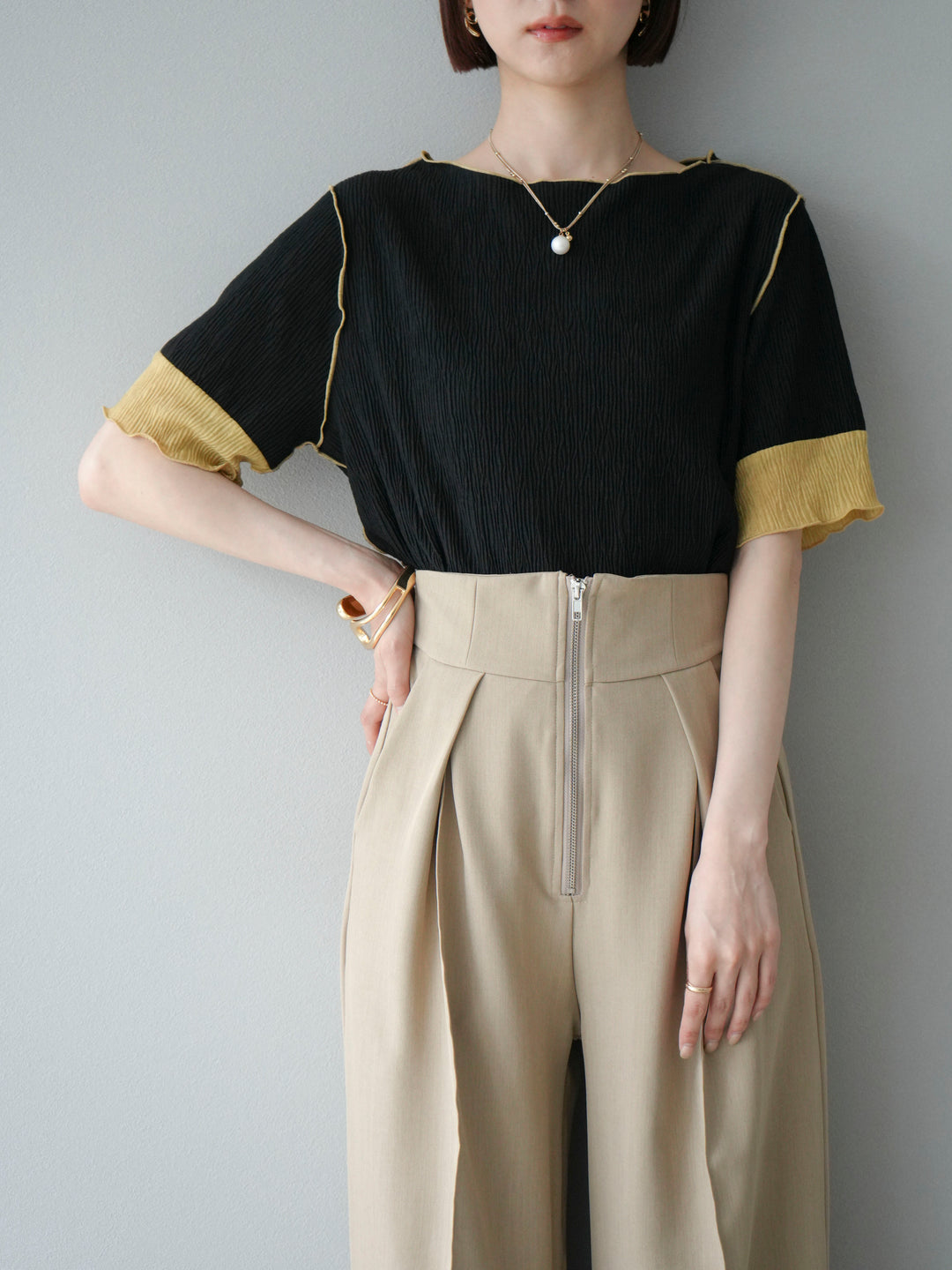 [SET] 百褶同色船領套頭衫 + 拉鍊褶襉寬褲 (2 套)