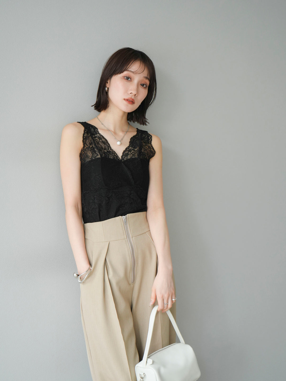 [予約]カップ付レースタンクトップ/ ブラック