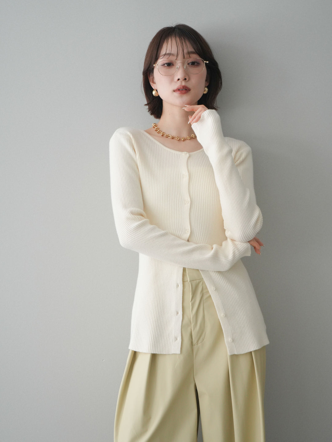 [予約]前後2WAYリブ編みクルーネックカーディガン/ivory