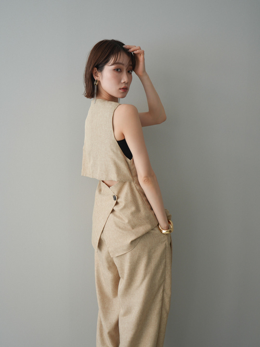 [SET]リネンライクバックオープンジレ+リネンライクタックワイドパンツ(2set)
