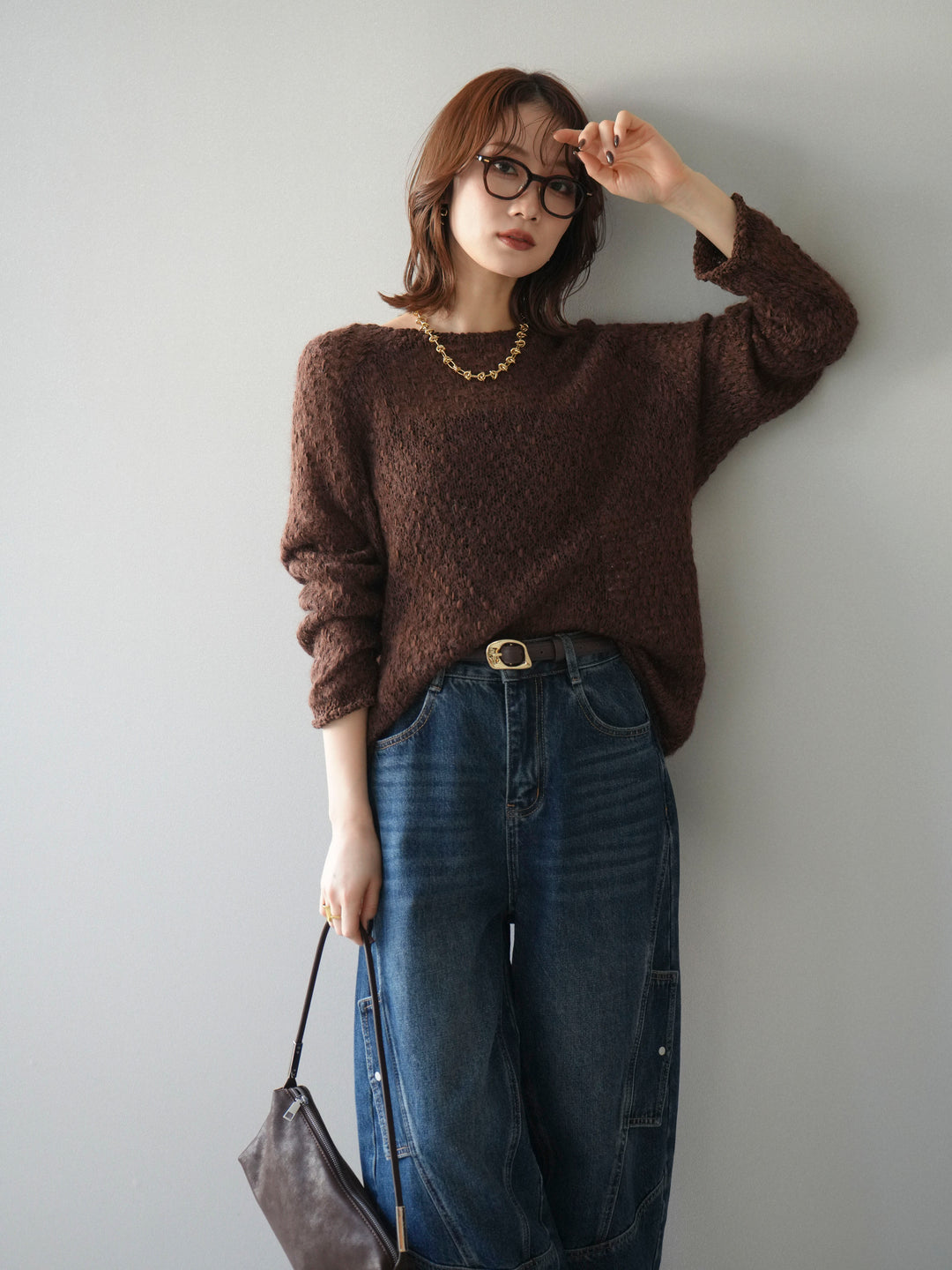 [予約]透かし編みモヘアタッチポコポコニットプルオーバー/brown