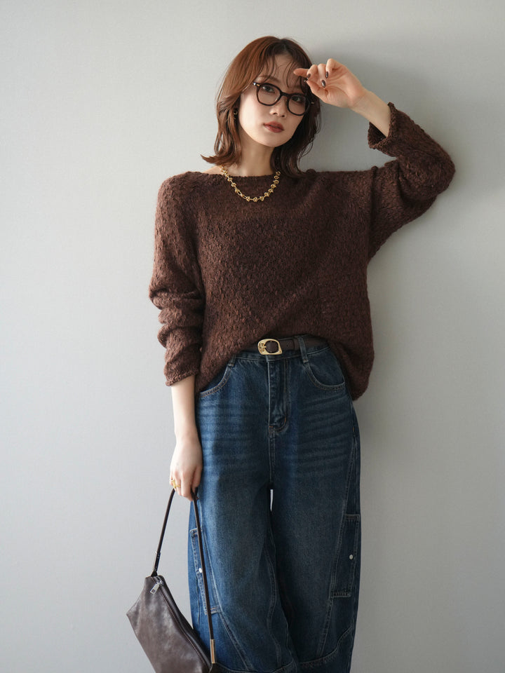 [予約]透かし編みモヘアタッチポコポコニットプルオーバー/brown