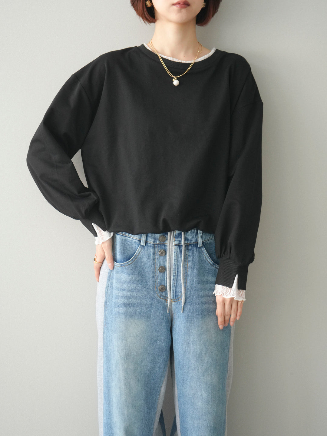 [予約]袖レースカットバルーンプルオーバー/black