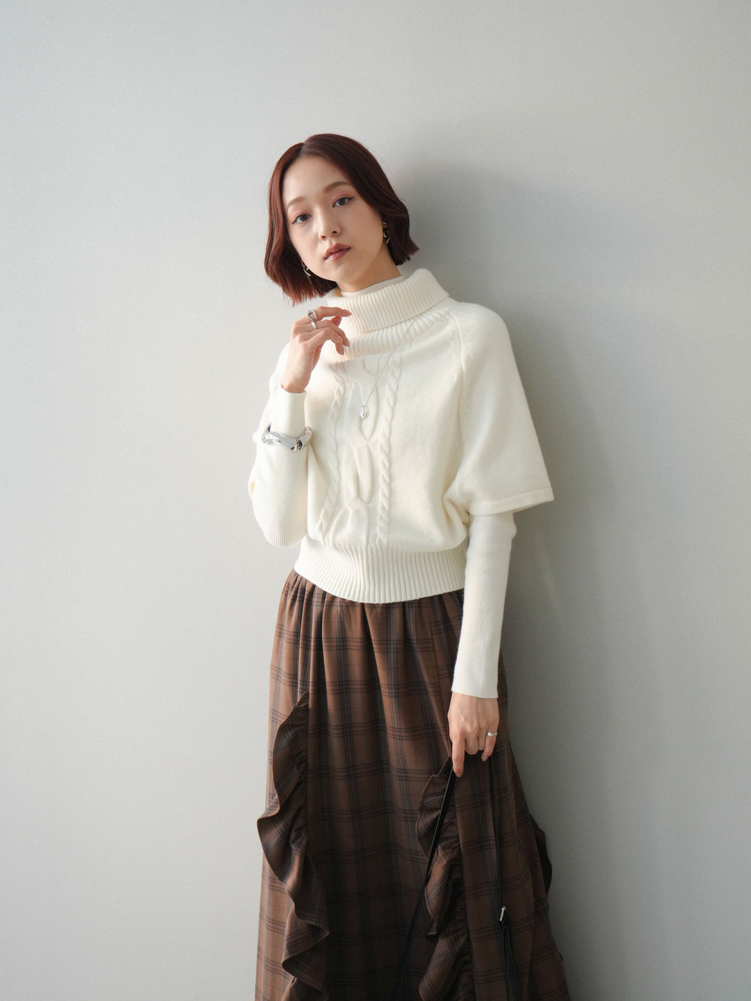 [予約]ケーブル編みタートルハーフスリーブニットアンサンブル/ivory