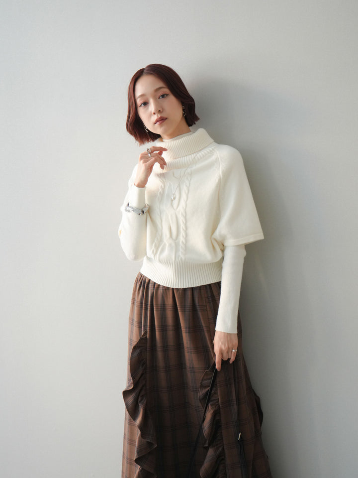 [予約]ケーブル編みタートルハーフスリーブニットアンサンブル/ivory