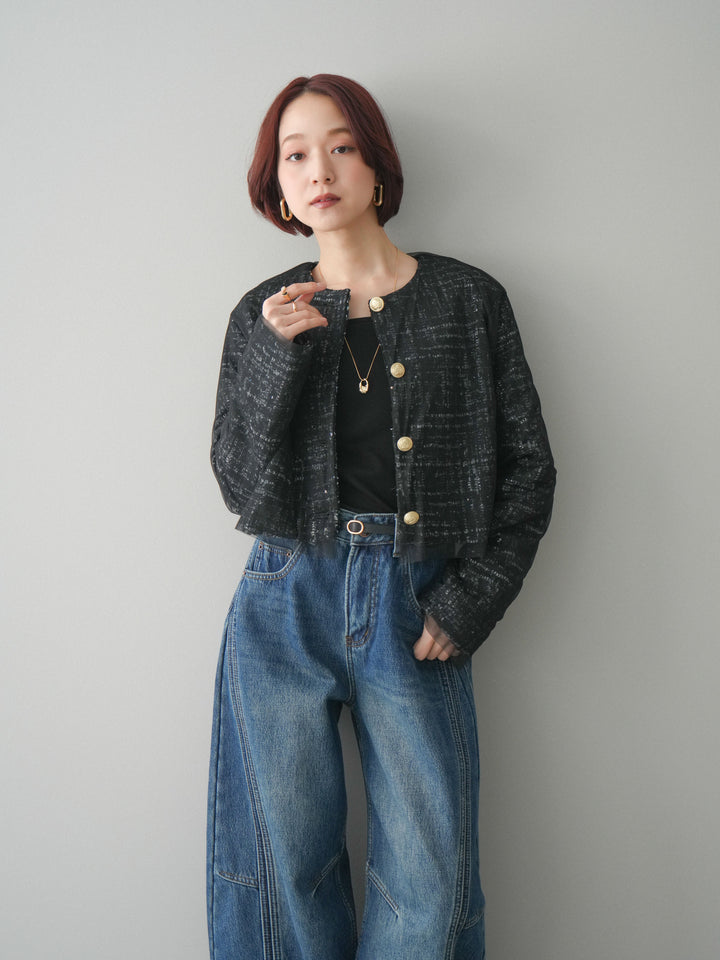 [予約]チュールレイヤードツイードクロップドジャケット/black