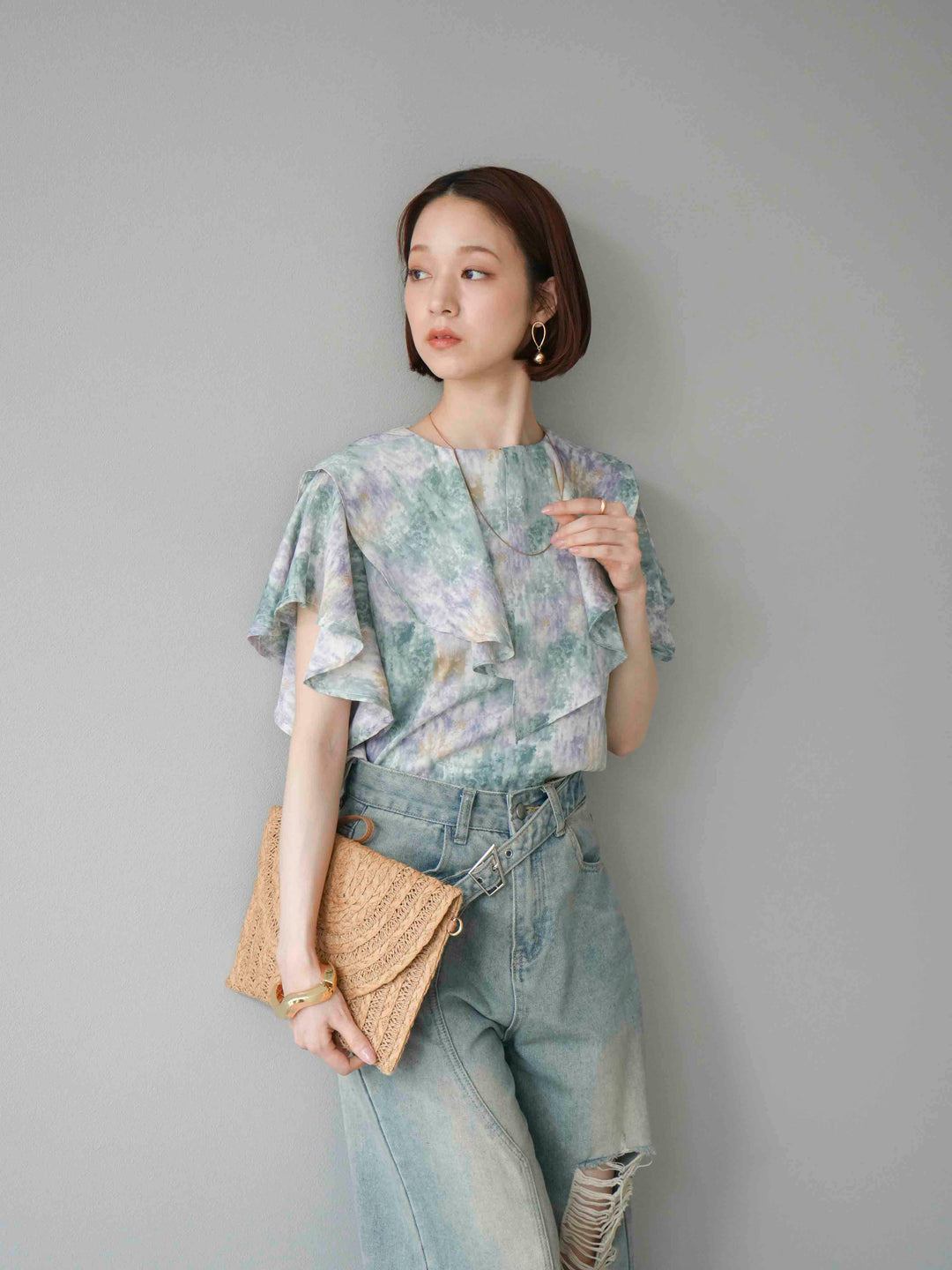 [予約]水彩アートラッフルカラーブラウス/グリーン