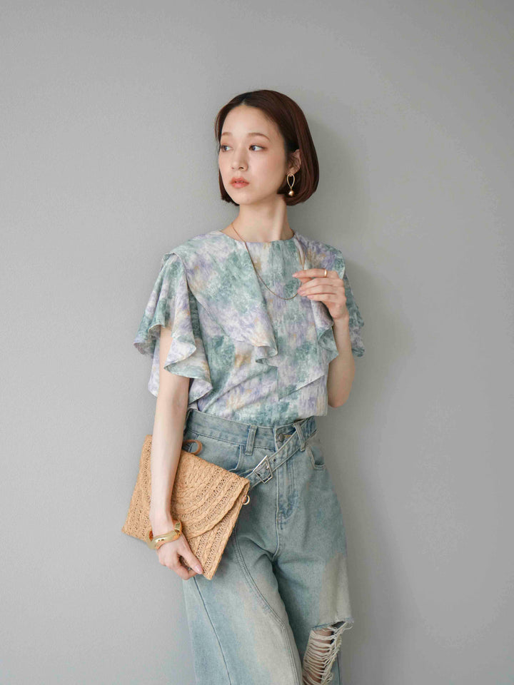 [予約]水彩アートラッフルカラーブラウス/グリーン