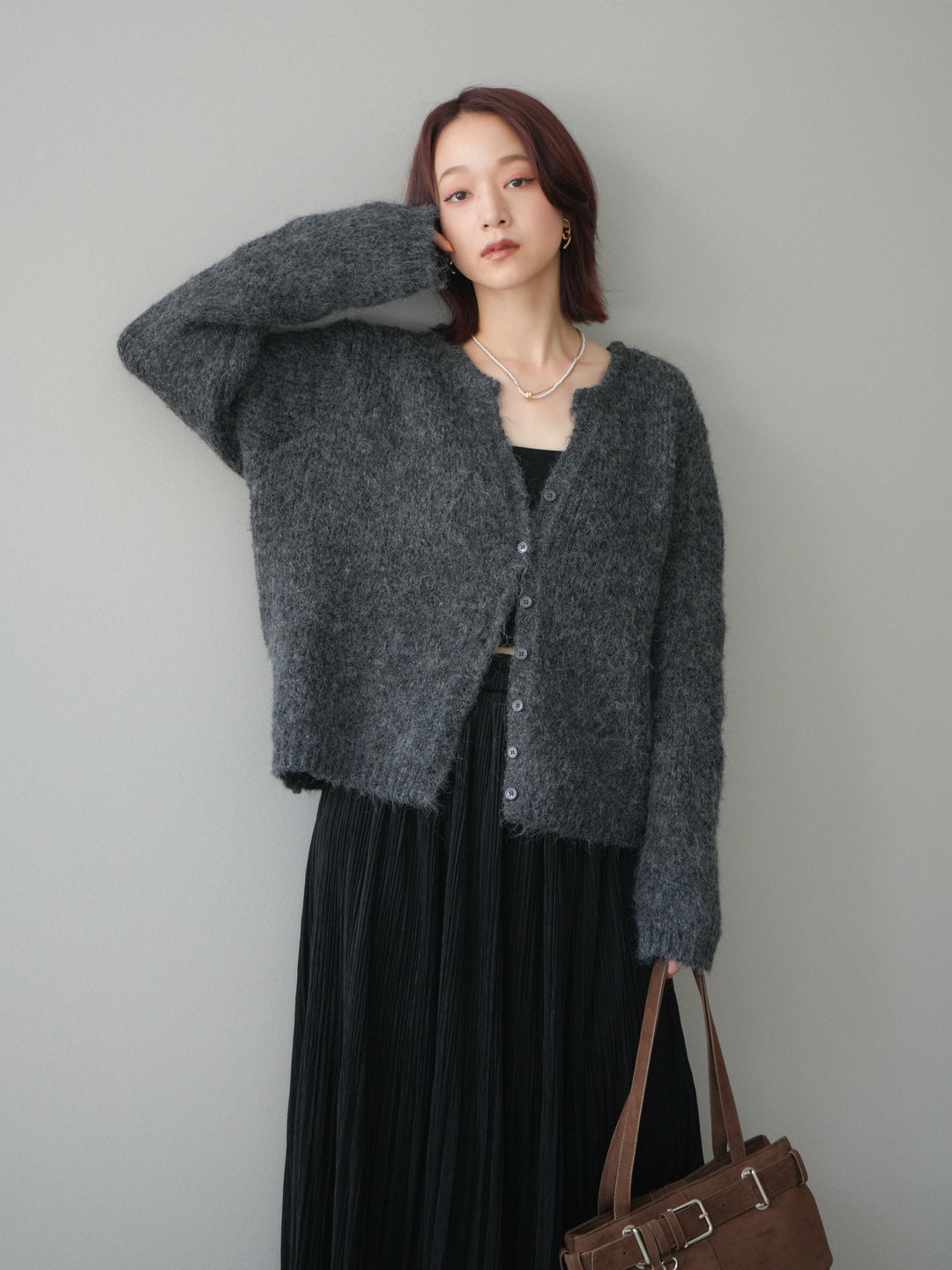 [予約]キーネックシャギーニットカーディガン/gray