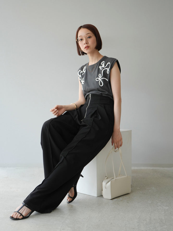 [SET]コード刺繍フレンチスリーブTシャツ+ジップタックワイドパンツ(2set)