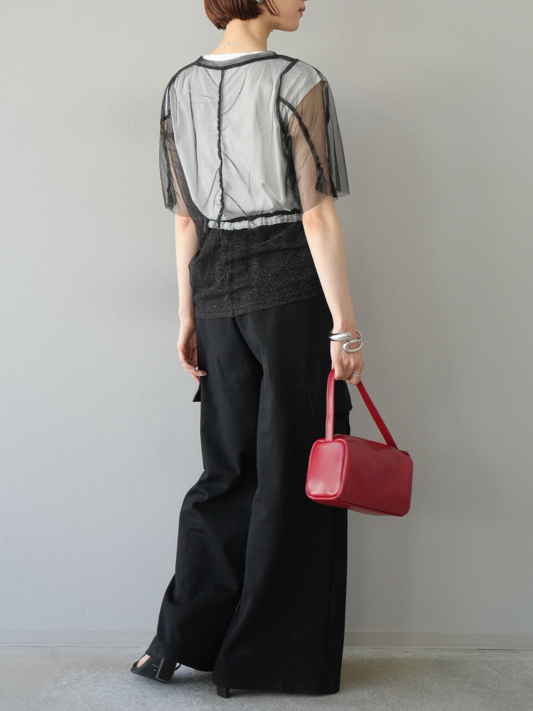 [SET]ラメチュールシャーリングプルオーバー+コード刺繍フレンチスリーブTシャツ+ウエストラインサイドポケットスウェットパンツ(3set)