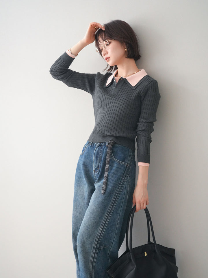 [予約]ダブル襟ポロリブニットトップス/charcoalgray