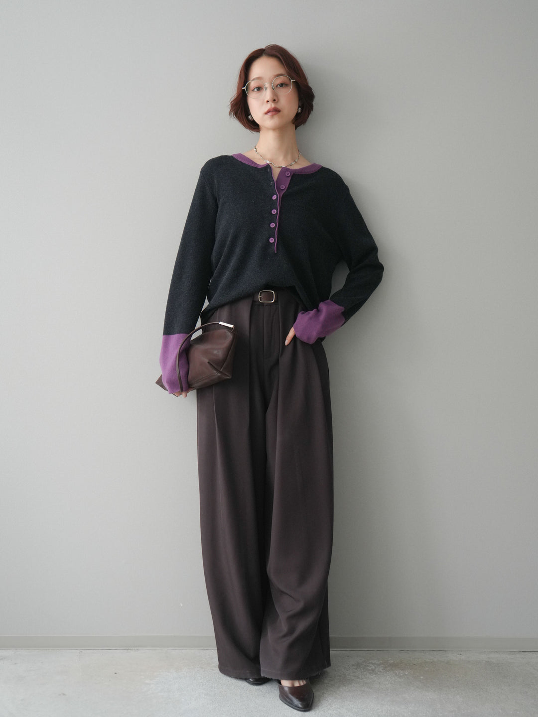 [SET]ヘンリーネック配色ニットソー+ベルトループデザインワイドパンツ(2set)